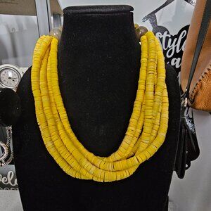 Vintage Wooden Disc Beads Multi Strand Yellow Chunky Statement Necklace